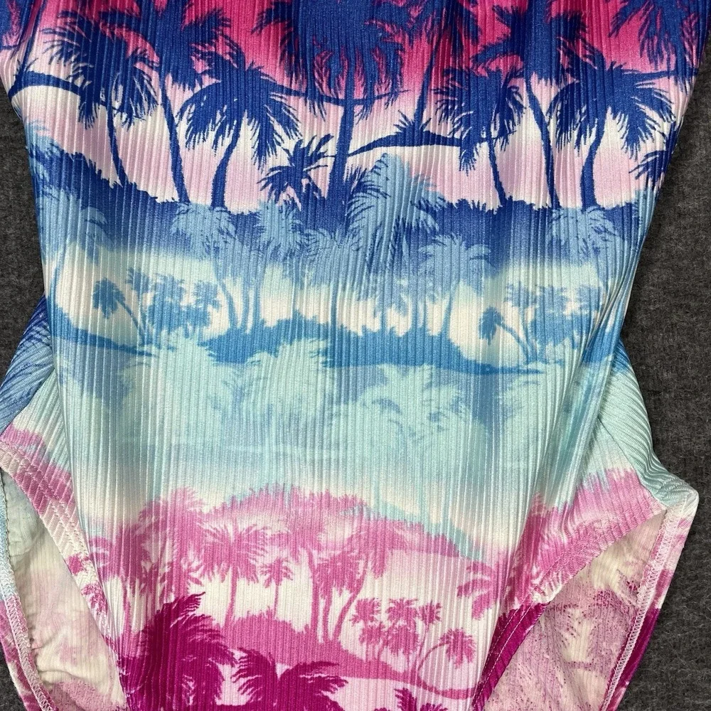 Vintage Catalina Swimsuit Size L Tropical Floral Pink Blue One Piece High Cut